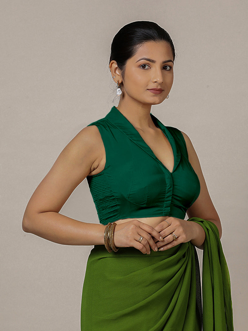 Avni x Rozaana | Bottle Green Sleeveless FlexiFit™ Saree Blouse with Elegant Shawl Collar-Binks