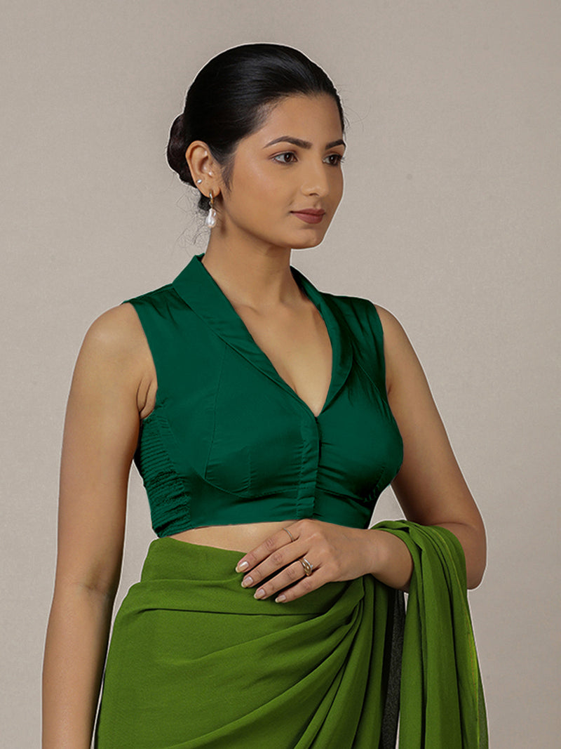 Avni x Rozaana | Bottle Green Sleeveless FlexiFit™ Saree Blouse with Elegant Shawl Collar-Binks