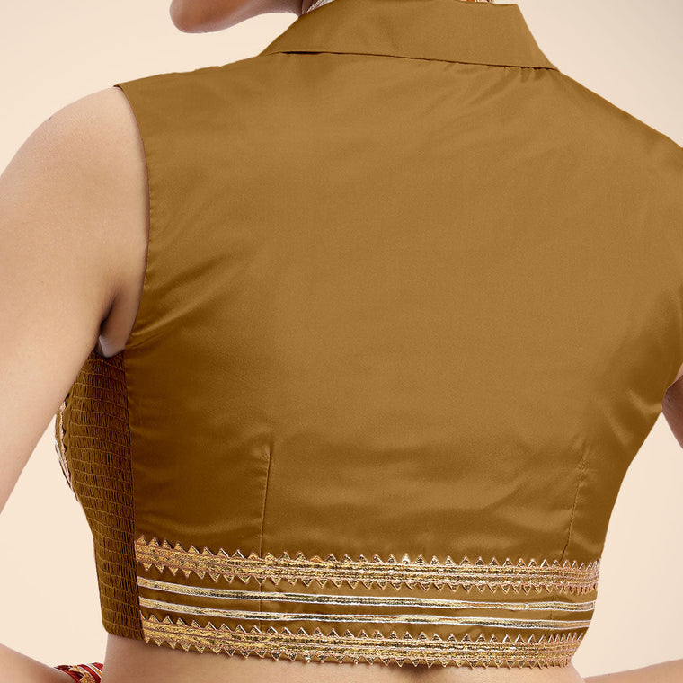 Avni x Tyohaar Saree Blouse, in Gold Vegan Silk, featuring sleeveless and shawl neckline, made for party & festive (view 3).