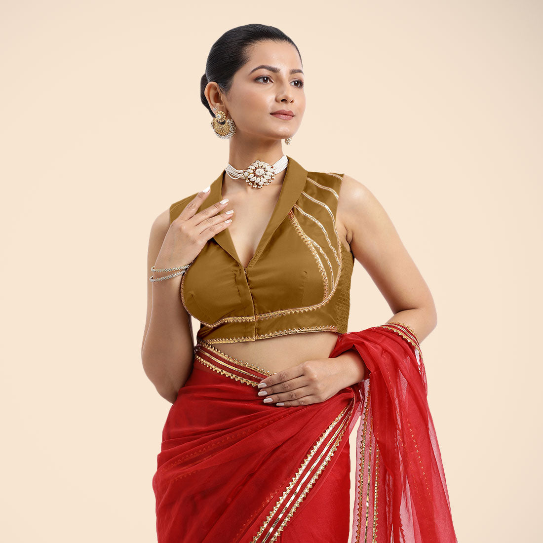 Avni x Tyohaar Saree Blouse, in Gold Vegan Silk, featuring sleeveless and shawl neckline, made for party & festive (view 5).