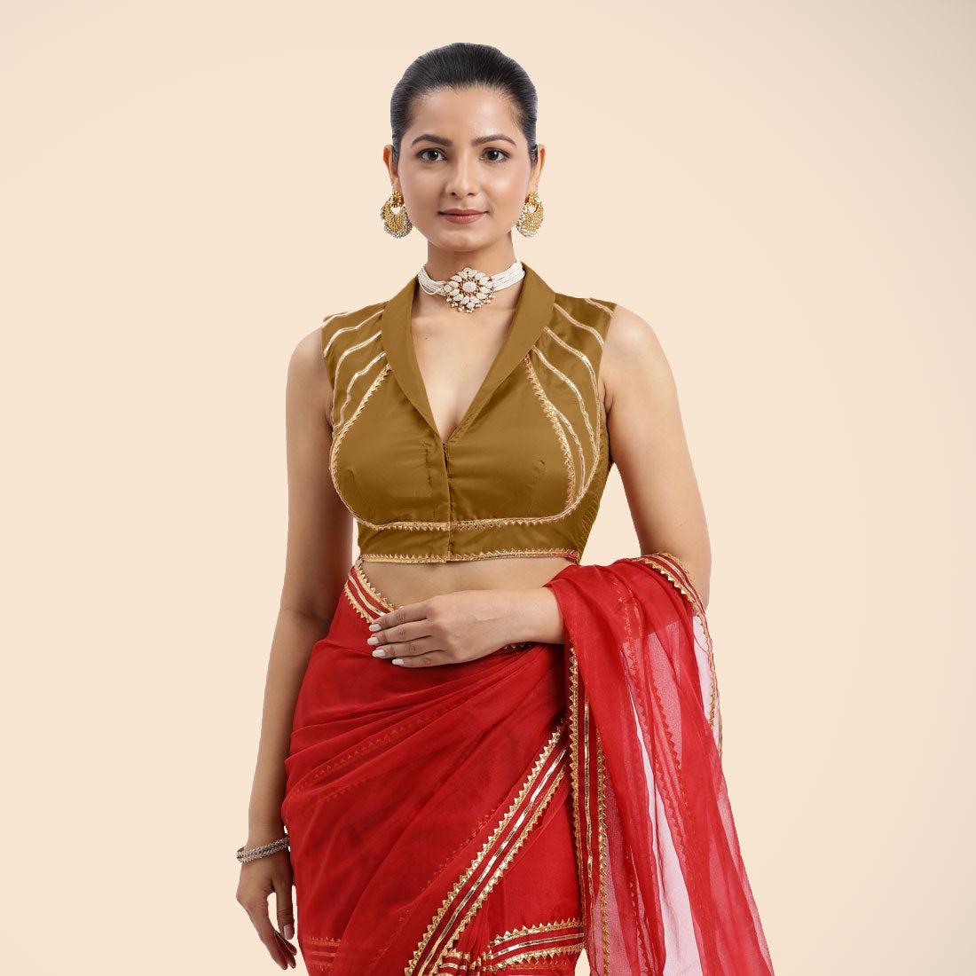 Avni x Tyohaar Saree Blouse, in Gold Vegan Silk, featuring sleeveless and shawl neckline, made for party & festive (view 6).