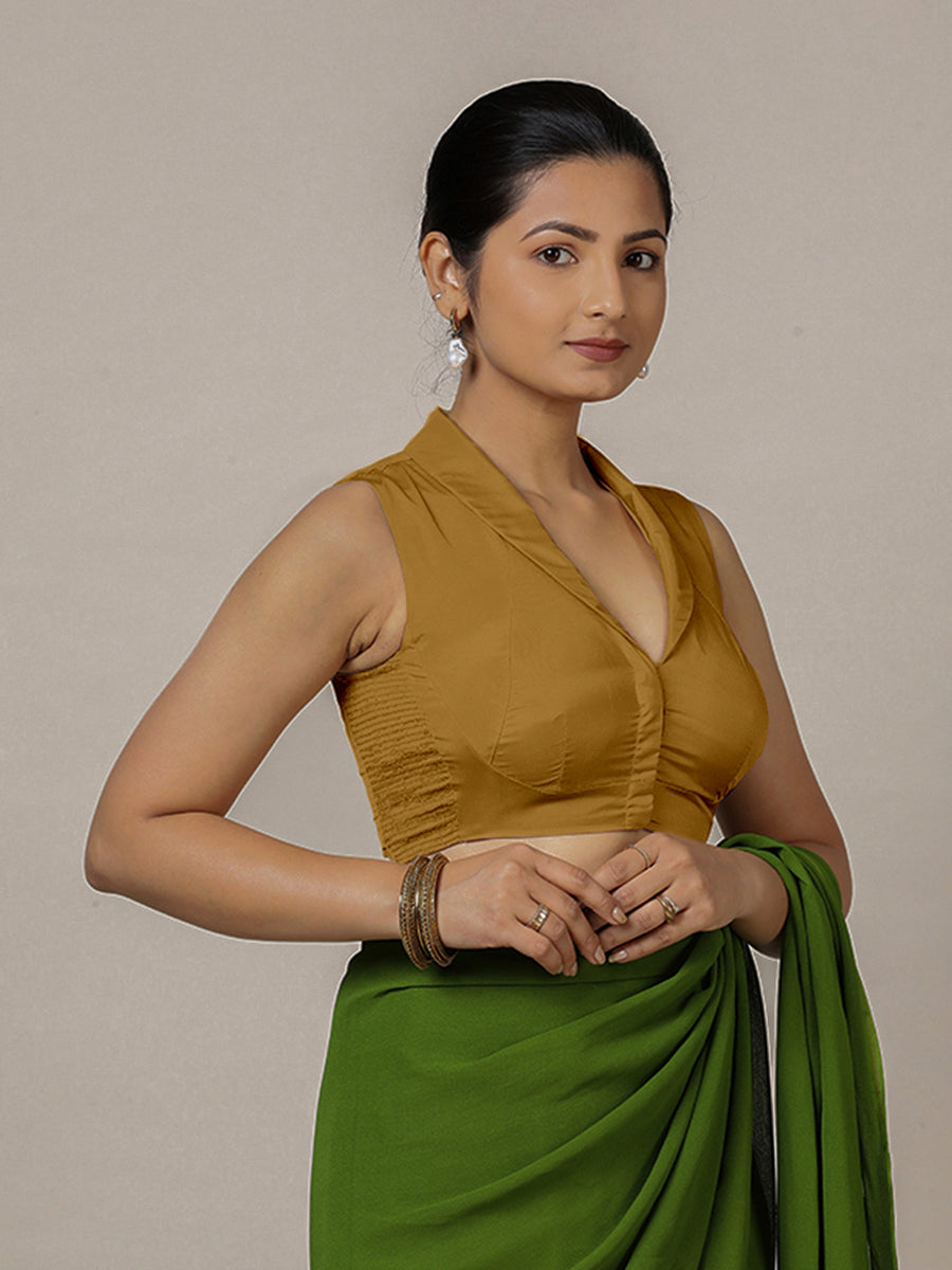 Avni x Rozaana Saree Blouse, in Gold Vegan Silk, featuring sleeveless and shawl neckline, made for party & festive (view 7).