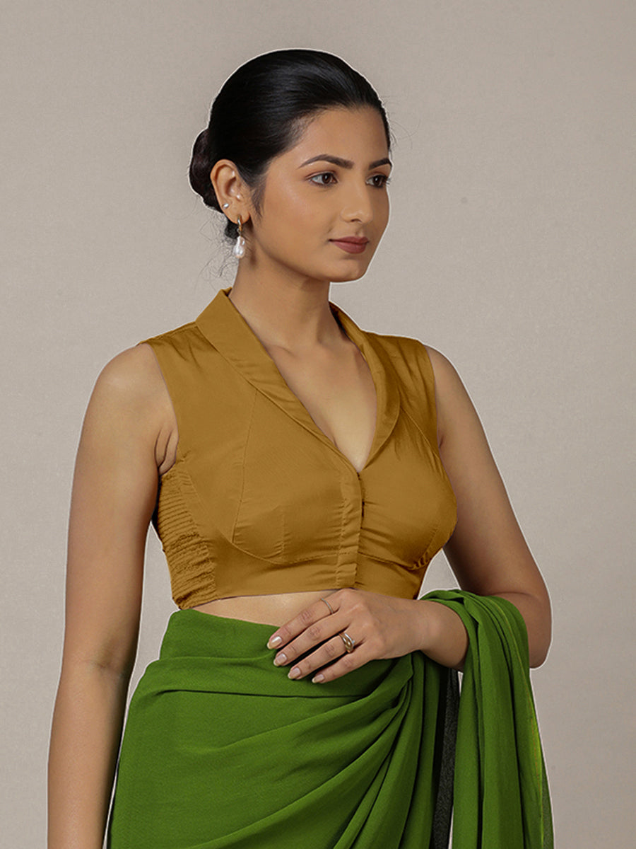 Avni x Rozaana Saree Blouse, in Gold Vegan Silk, featuring sleeveless and shawl neckline, made for party & festive (view 8).