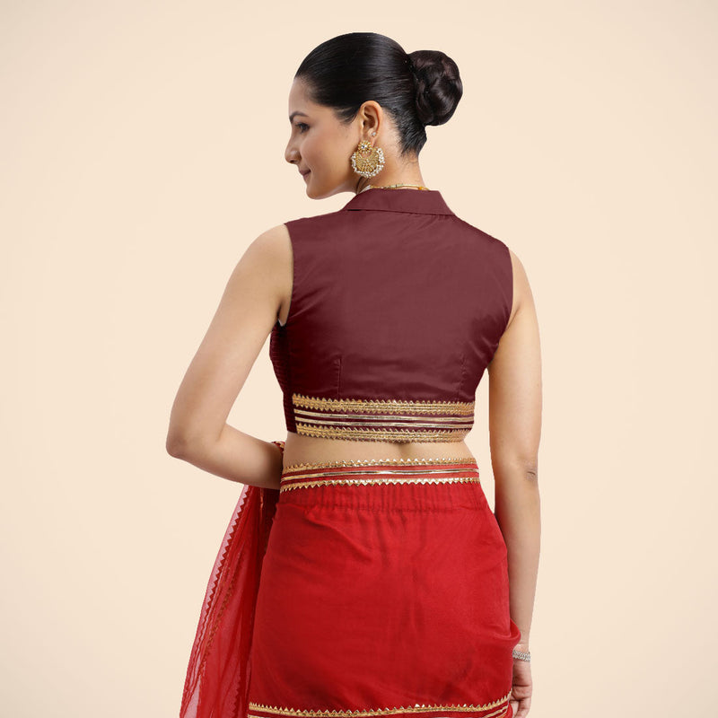 Avni x Tyohaar | Burgundy Sleeveless FlexiFit™ Saree Blouse with Elegant Shawl Collar with Golden Gota Lace Embellishment-Binks