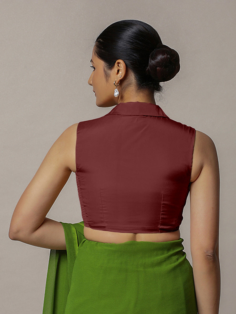 Avni x Rozaana Saree Blouse, in Maroon Vegan Silk, featuring sleeveless and shawl neckline, made for party & festive (view 3).