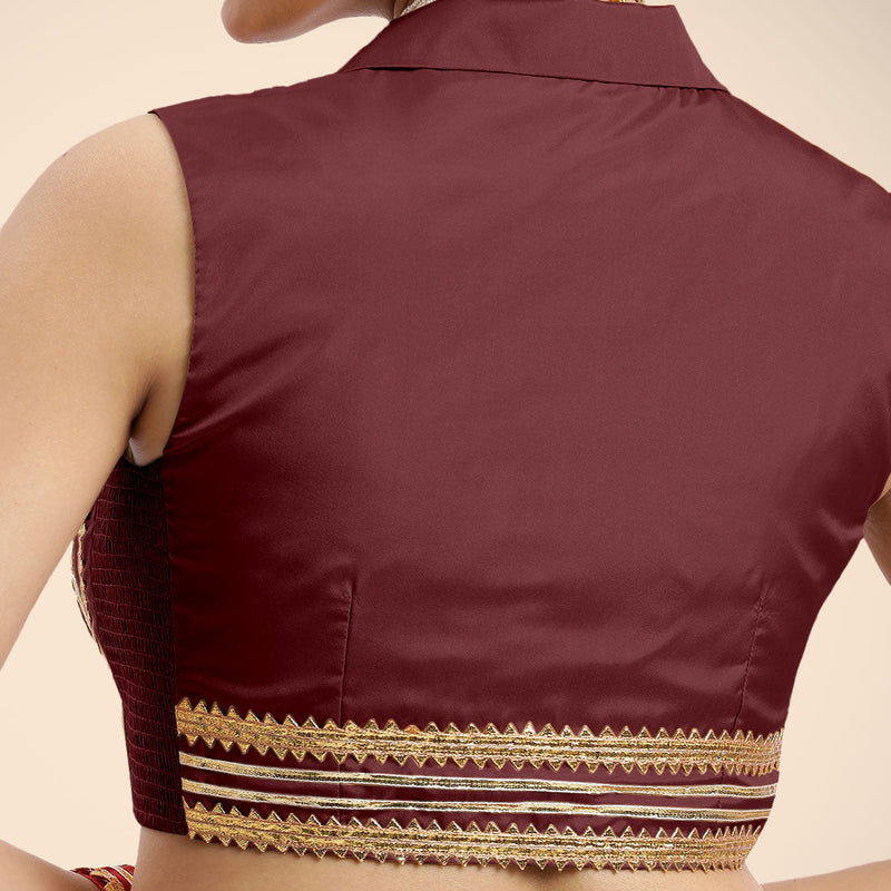 Avni x Tyohaar | Burgundy Sleeveless FlexiFit™ Saree Blouse with Elegant Shawl Collar with Golden Gota Lace Embellishment-Binks