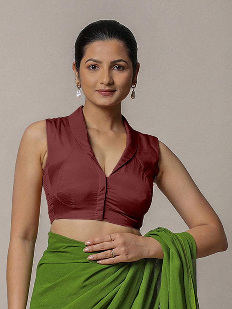 Avni x Rozaana | Burgundy Sleeveless FlexiFit™ Saree Blouse with Elegant Shawl Collar-Binks
