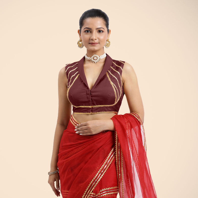 Avni x Tyohaar | Burgundy Sleeveless FlexiFit™ Saree Blouse with Elegant Shawl Collar with Golden Gota Lace Embellishment-Binks