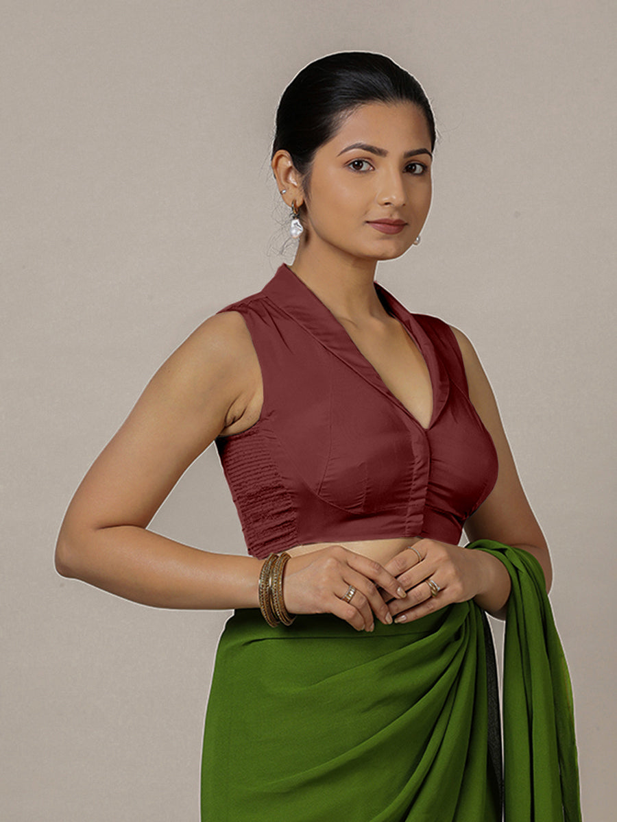 Avni x Rozaana Saree Blouse, in Maroon Vegan Silk, featuring sleeveless and shawl neckline, made for party & festive (view 7).