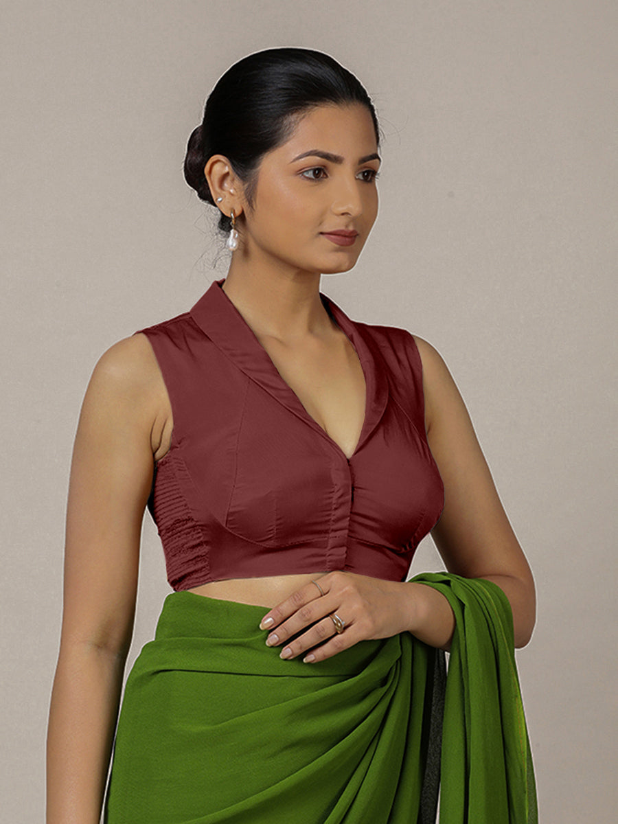 Avni x Rozaana Saree Blouse, in Maroon Vegan Silk, featuring sleeveless and shawl neckline, made for party & festive (view 8).