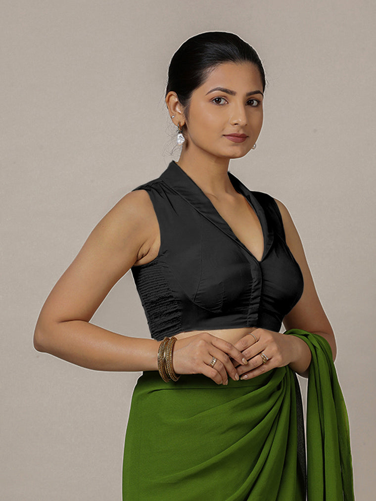 Avni x Rozaana Saree Blouse, in Black Vegan Silk, featuring sleeveless and shawl neckline, made for party & festive.