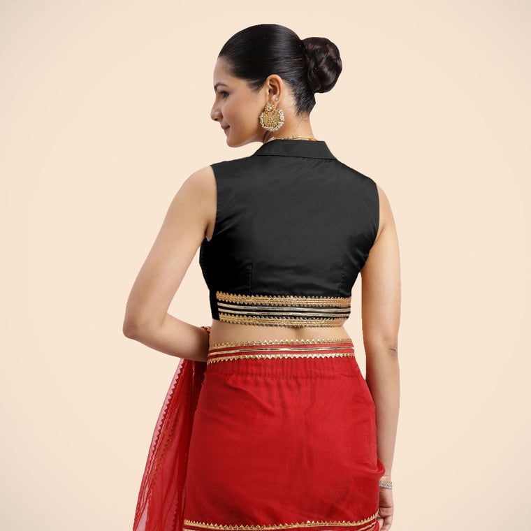 Avni x Tyohaar Saree Blouse, in Black Vegan Silk, featuring sleeveless and shawl neckline, made for party & festive (view 2).