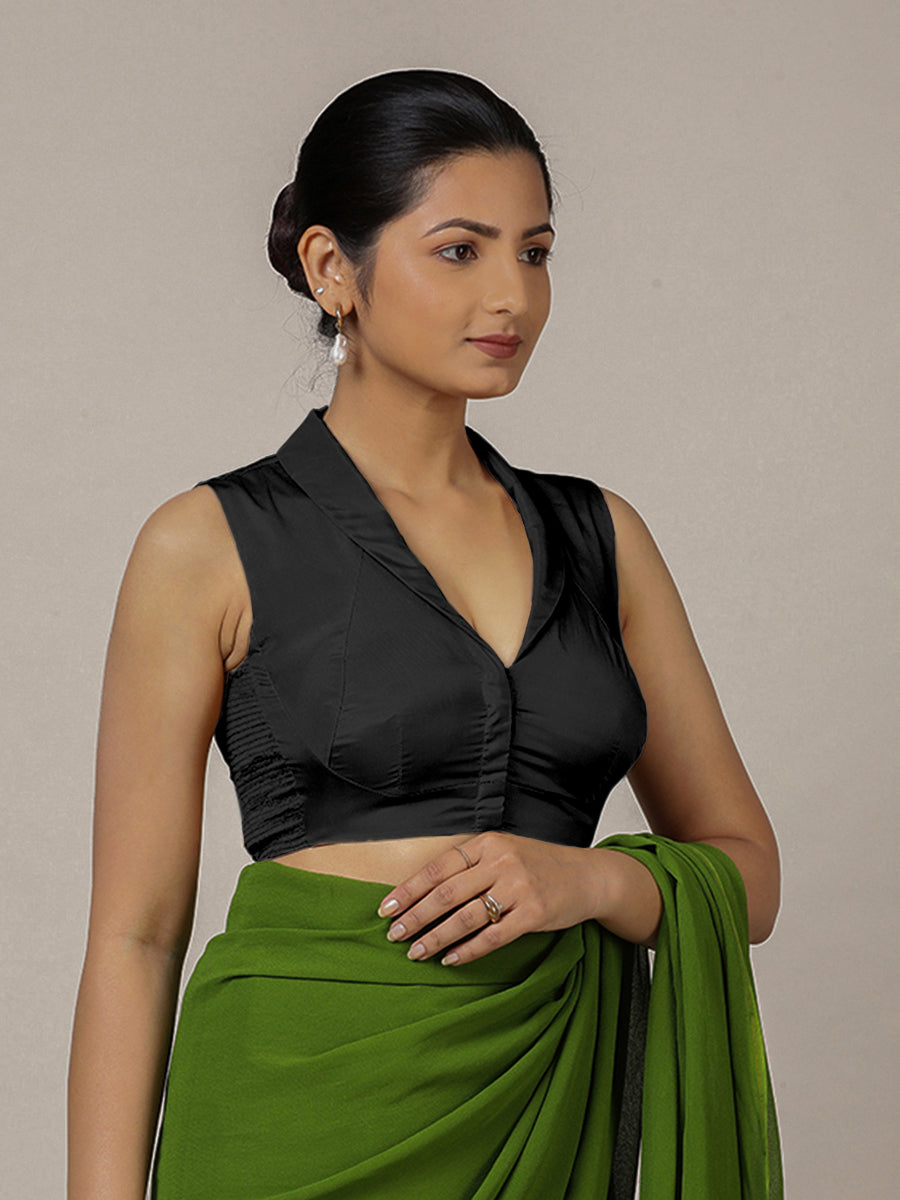 Avni x Rozaana Saree Blouse, in Black Vegan Silk, featuring sleeveless and shawl neckline, made for party & festive (view 8).