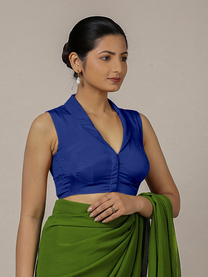 Avni x Rozaana | Cobalt Blue Sleeveless FlexiFit™ Saree Blouse with Elegant Shawl Collar-Binks