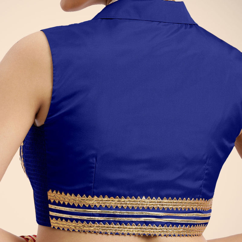 Avni x Tyohaar | Cobalt Blue Sleeveless FlexiFit™ Saree Blouse with Elegant Shawl Collar with Golden Gota Lace Embellishment-Binks