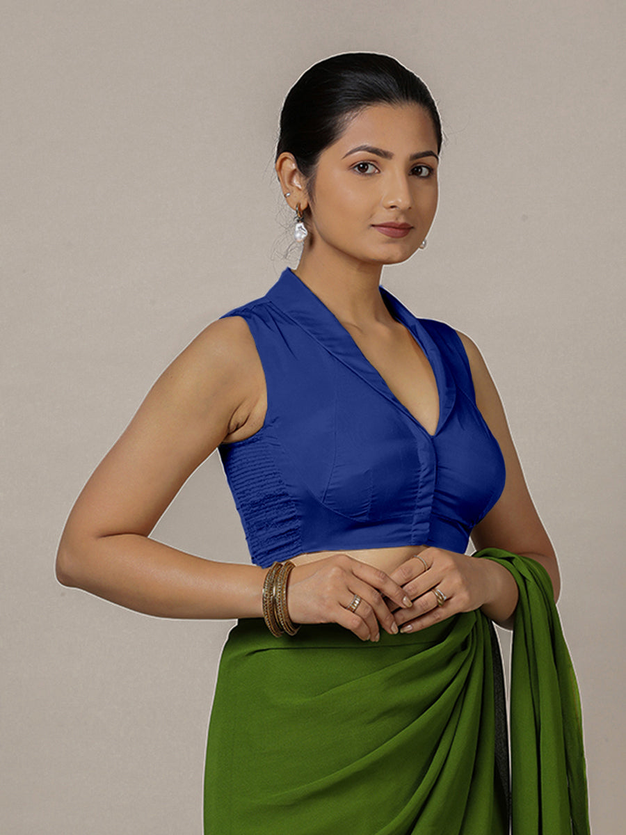 Avni x Rozaana Saree Blouse, in Blue Vegan Silk, featuring sleeveless and shawl neckline, made for party & festive (view 7).