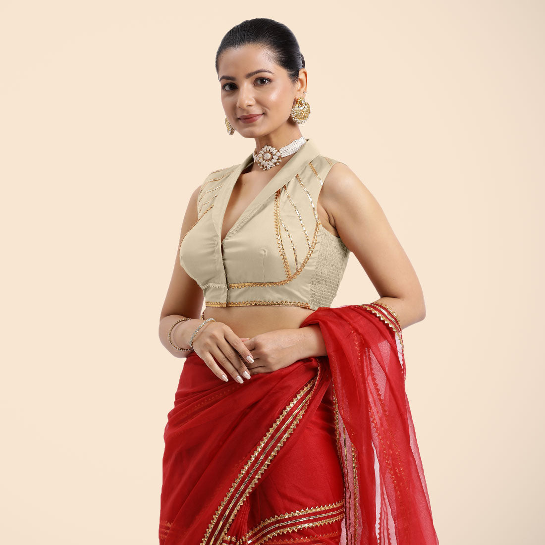 Avni x Tyohaar Saree Blouse, in Cream Vegan Silk, featuring sleeveless and shawl neckline, made for party & festive.