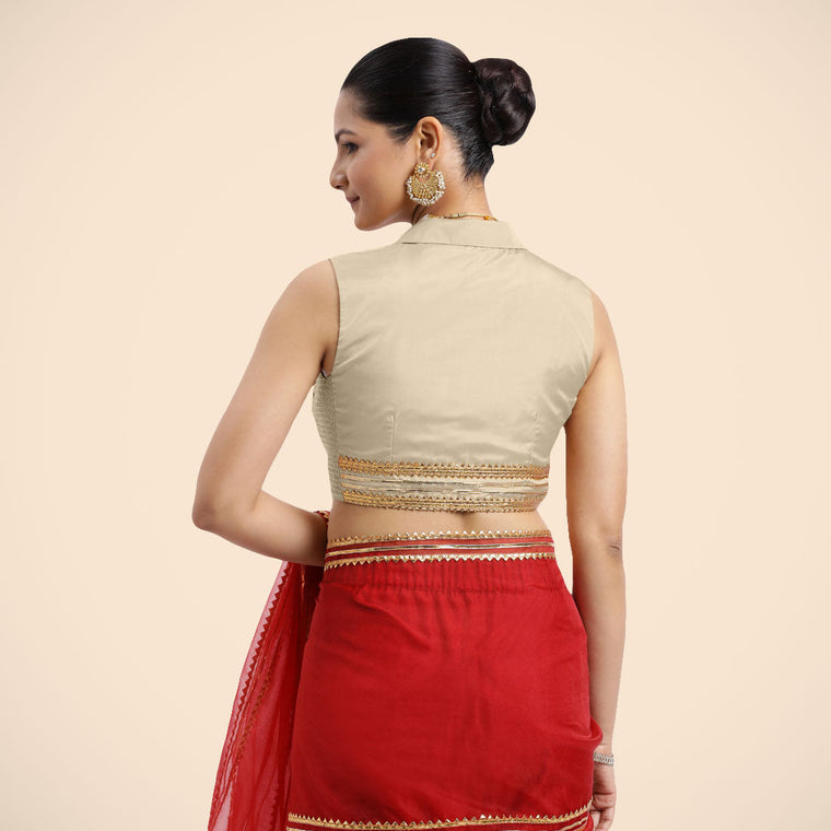 Avni x Tyohaar Saree Blouse, in Cream Vegan Silk, featuring sleeveless and shawl neckline, made for party & festive (view 2).