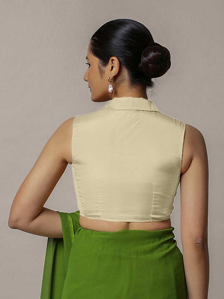 Avni x Rozaana Saree Blouse, in Cream Vegan Silk, featuring sleeveless and shawl neckline, made for party & festive (view 3).