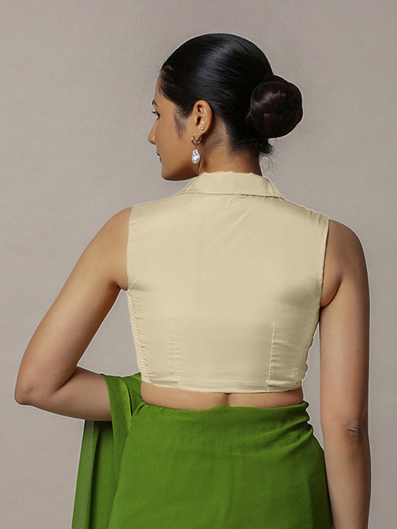 Avni x Rozaana | Cream Sleeveless FlexiFit™ Saree Blouse with Elegant Shawl Collar-Binks