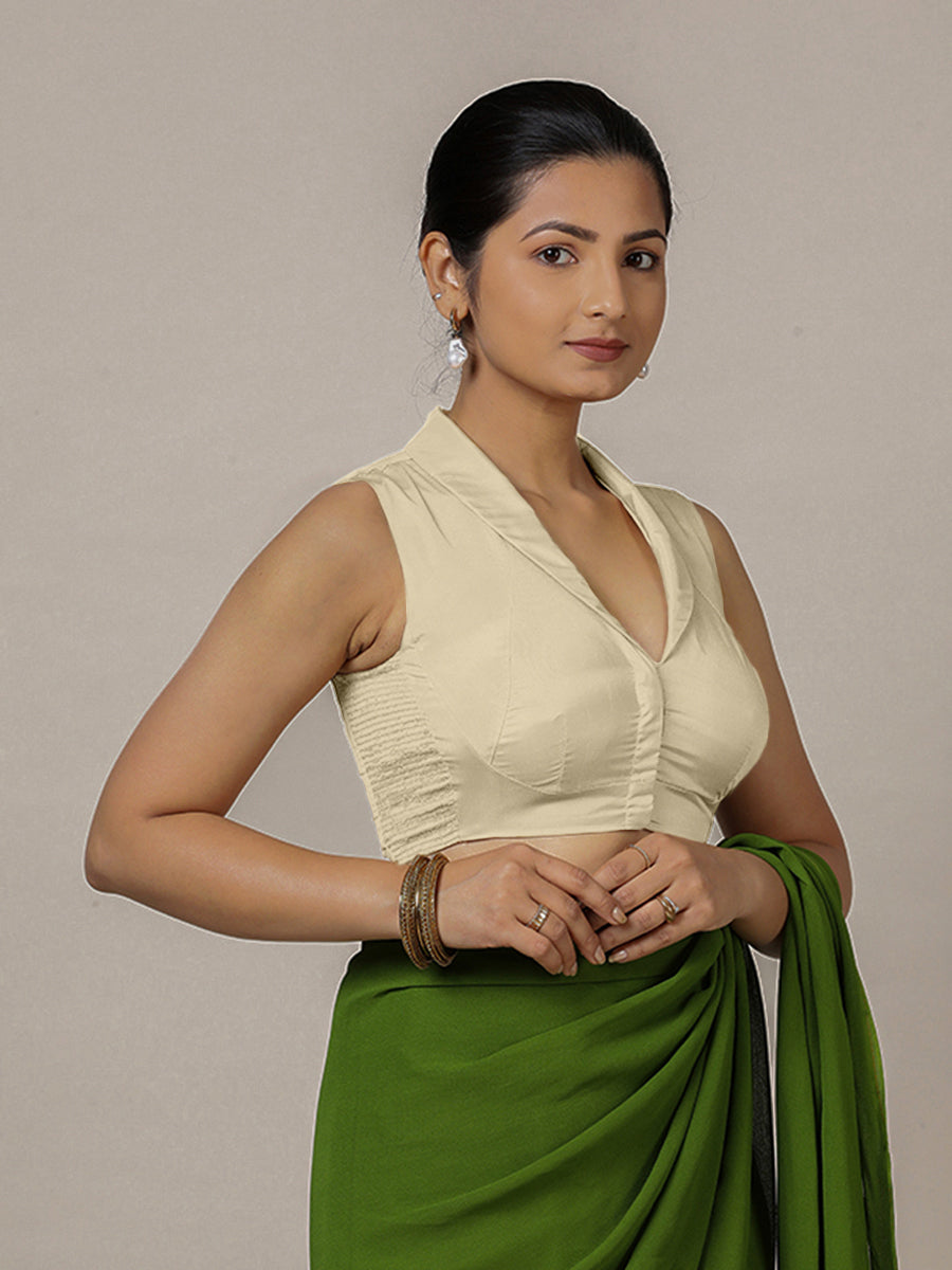 Avni x Rozaana Saree Blouse, in Cream Vegan Silk, featuring sleeveless and shawl neckline, made for party & festive (view 6).