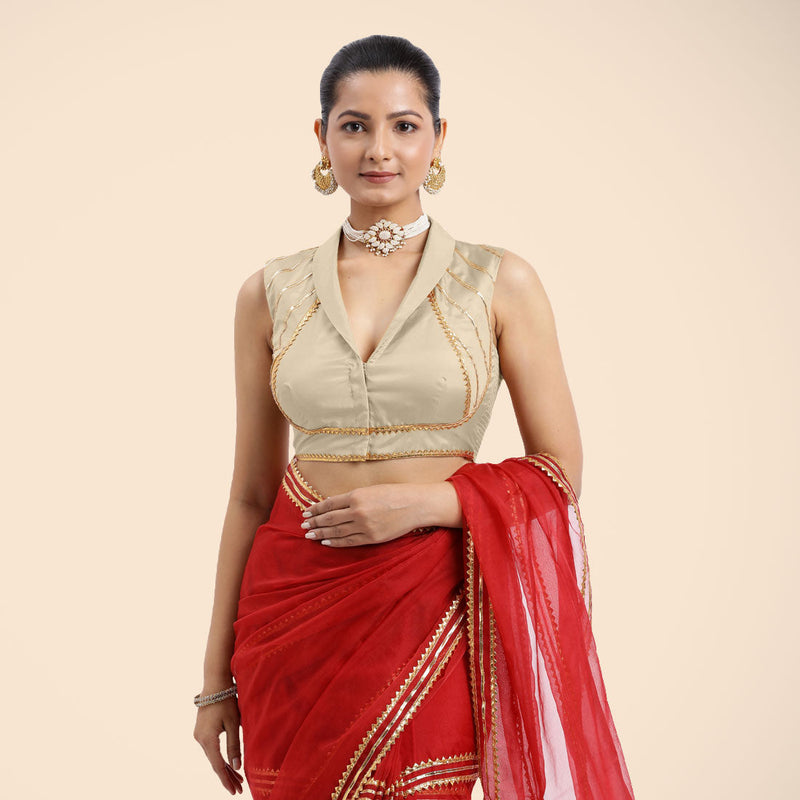 Avni x Tyohaar | Cream Sleeveless FlexiFit™ Saree Blouse with Elegant Shawl Collar with Golden Gota Lace Embellishment-Binks