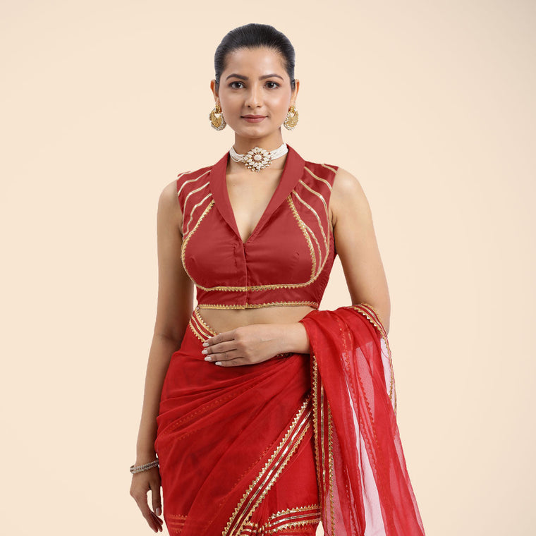 Avni x Tyohaar Saree Blouse, in Red Vegan Silk, featuring sleeveless and shawl neckline, made for party & festive.