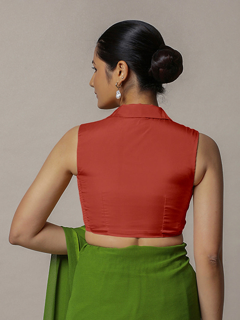 Avni x Rozaana | Crimson Red Sleeveless FlexiFit™ Saree Blouse with Elegant Shawl Collar-Binks