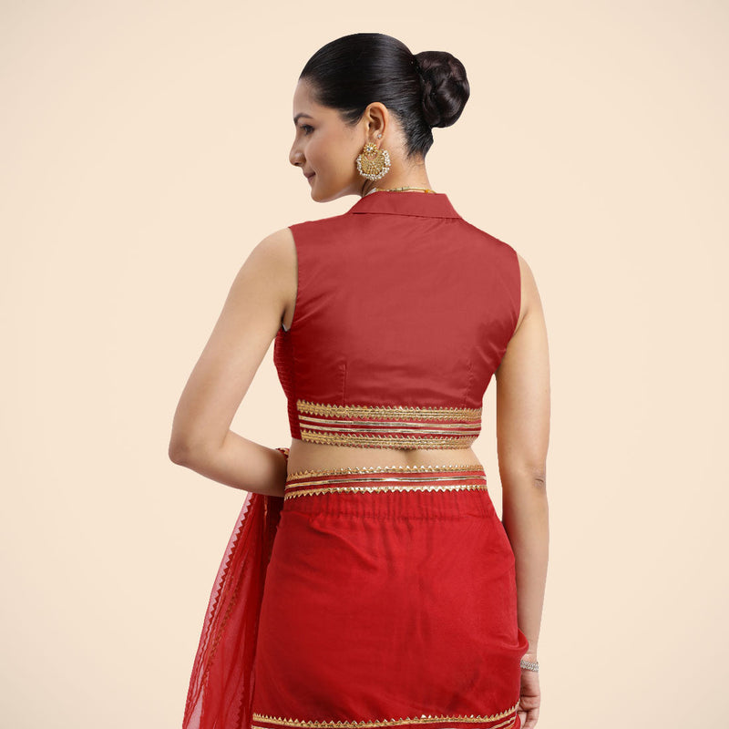 Avni x Tyohaar | Crimson Red Sleeveless FlexiFit™ Saree Blouse with Elegant Shawl Collar with Golden Gota Lace Embellishment-Binks