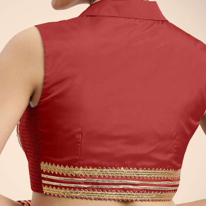 Avni x Tyohaar | Crimson Red Sleeveless FlexiFit™ Saree Blouse with Elegant Shawl Collar with Golden Gota Lace Embellishment-Binks