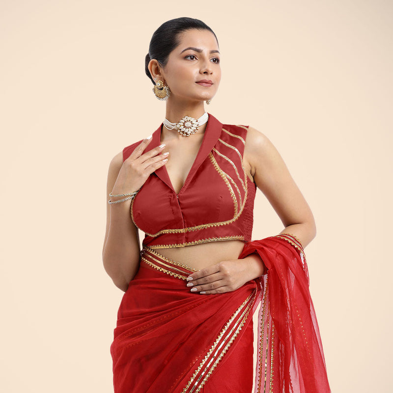 Avni x Tyohaar | Crimson Red Sleeveless FlexiFit™ Saree Blouse with Elegant Shawl Collar with Golden Gota Lace Embellishment-Binks