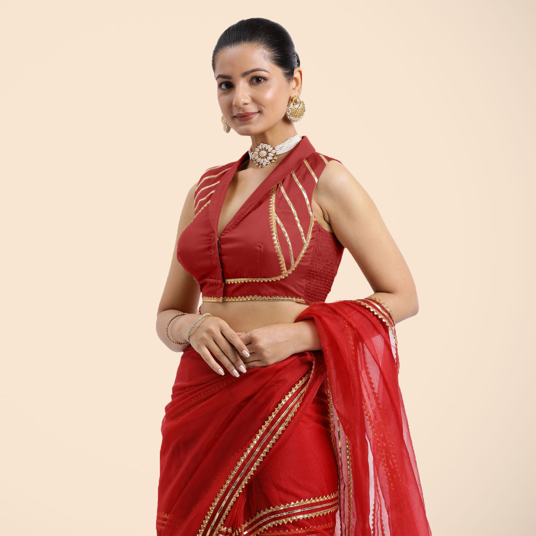 Avni x Tyohaar Saree Blouse, in Red Vegan Silk, featuring sleeveless and shawl neckline, made for party & festive (view 6).
