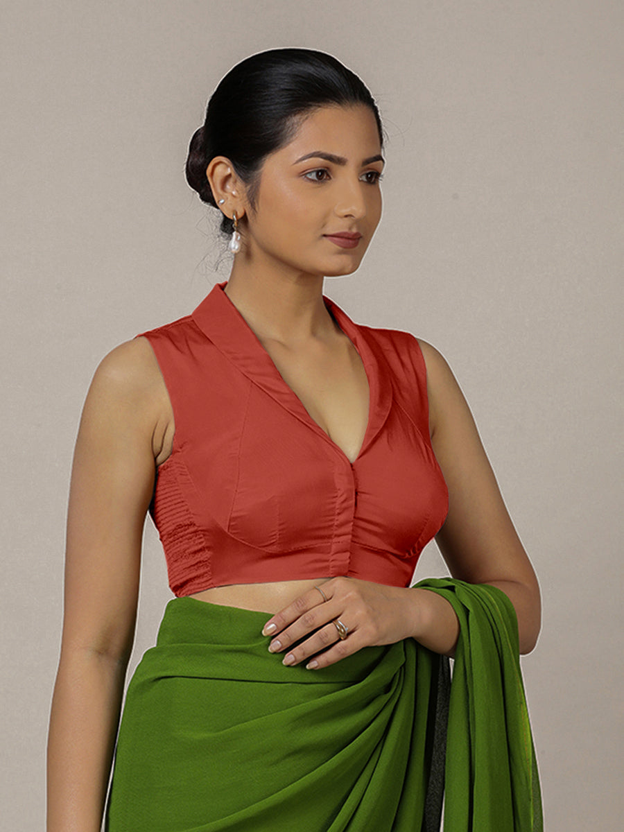 Avni x Rozaana Saree Blouse, in Red Vegan Silk, featuring sleeveless and shawl neckline, made for party & festive (view 8).