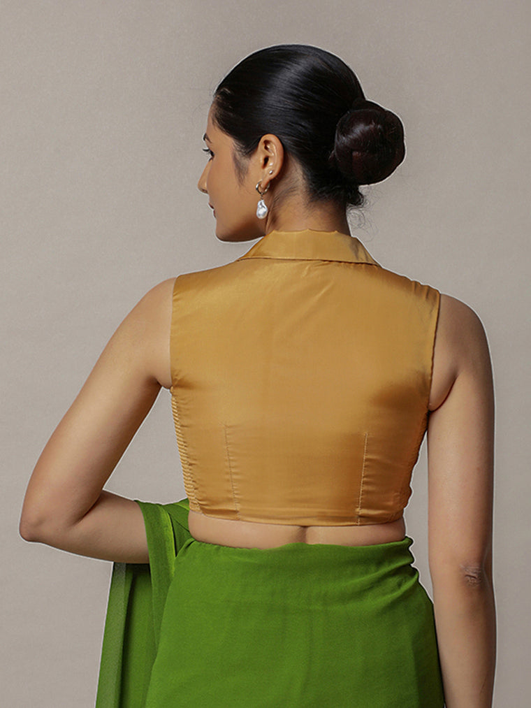 Avni x Rozaana Saree Blouse, in Gold Vegan Silk, featuring sleeveless and shawl neckline, made for party & festive (view 2).
