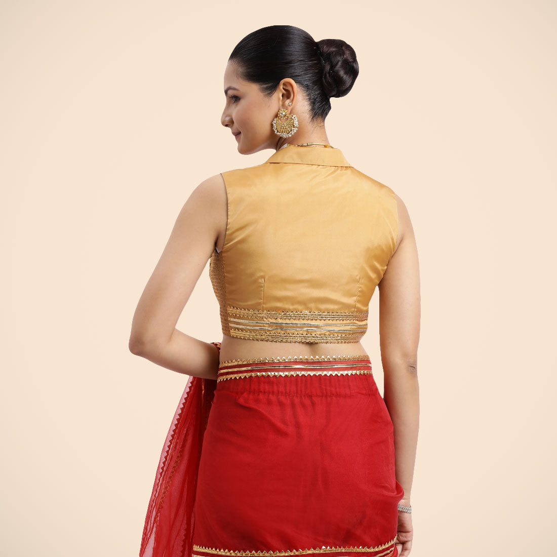 Avni x Tyohaar Saree Blouse, in Gold Vegan Silk, featuring sleeveless and shawl neckline, made for party & festive (view 2).