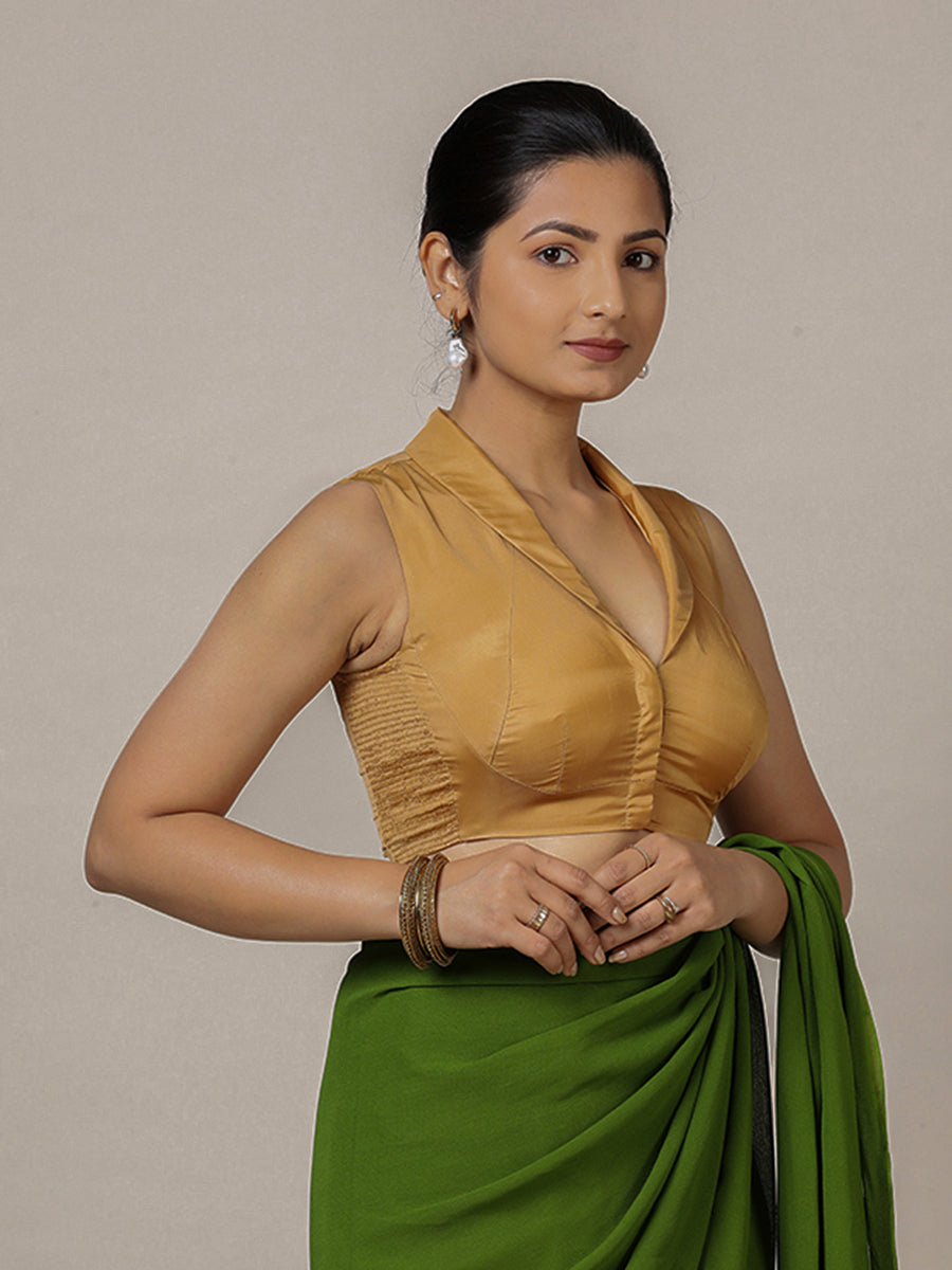 Avni x Rozaana Saree Blouse, in Gold Vegan Silk, featuring sleeveless and shawl neckline, made for party & festive (view 4).