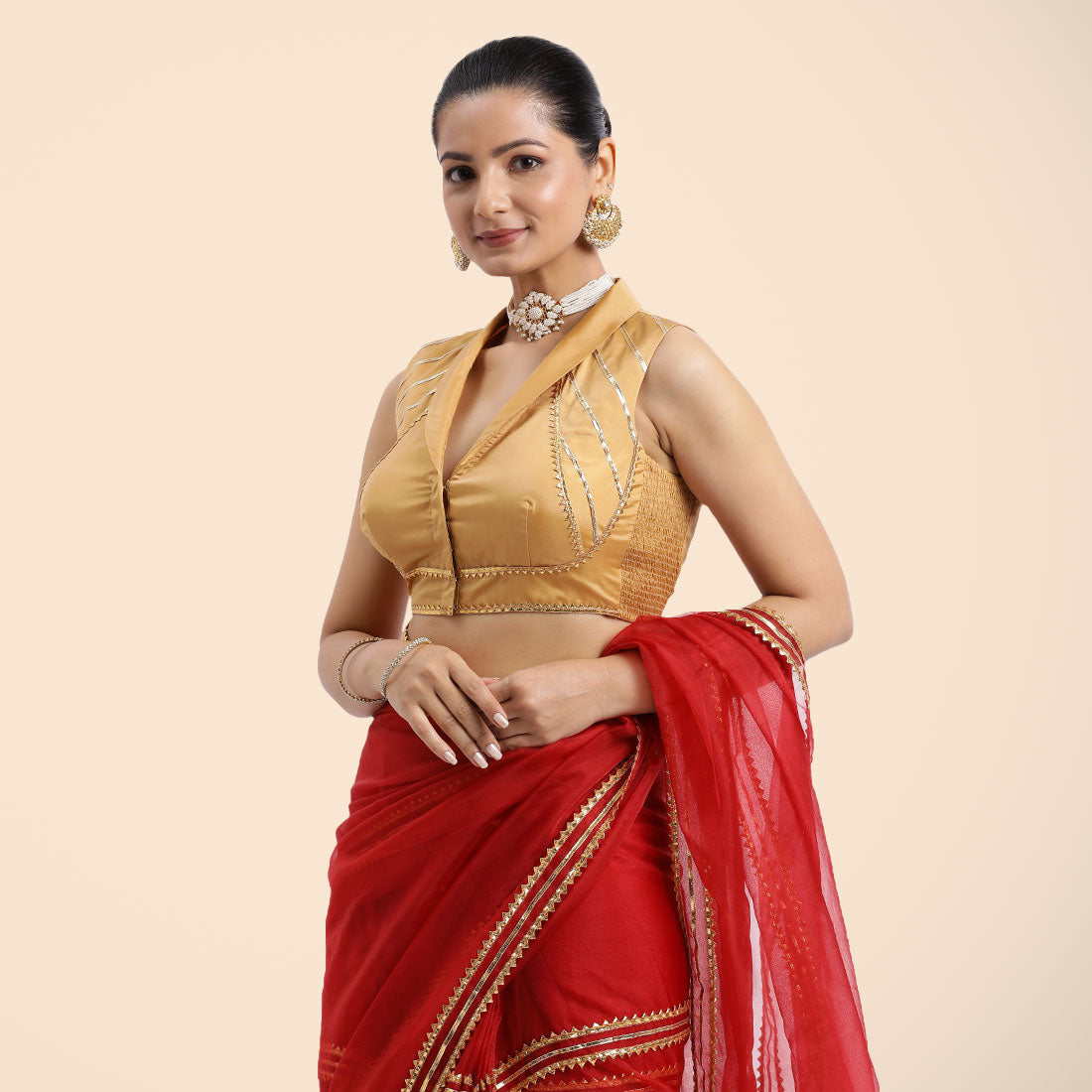 Avni x Tyohaar Saree Blouse, in Gold Vegan Silk, featuring sleeveless and shawl neckline, made for party & festive (view 6).