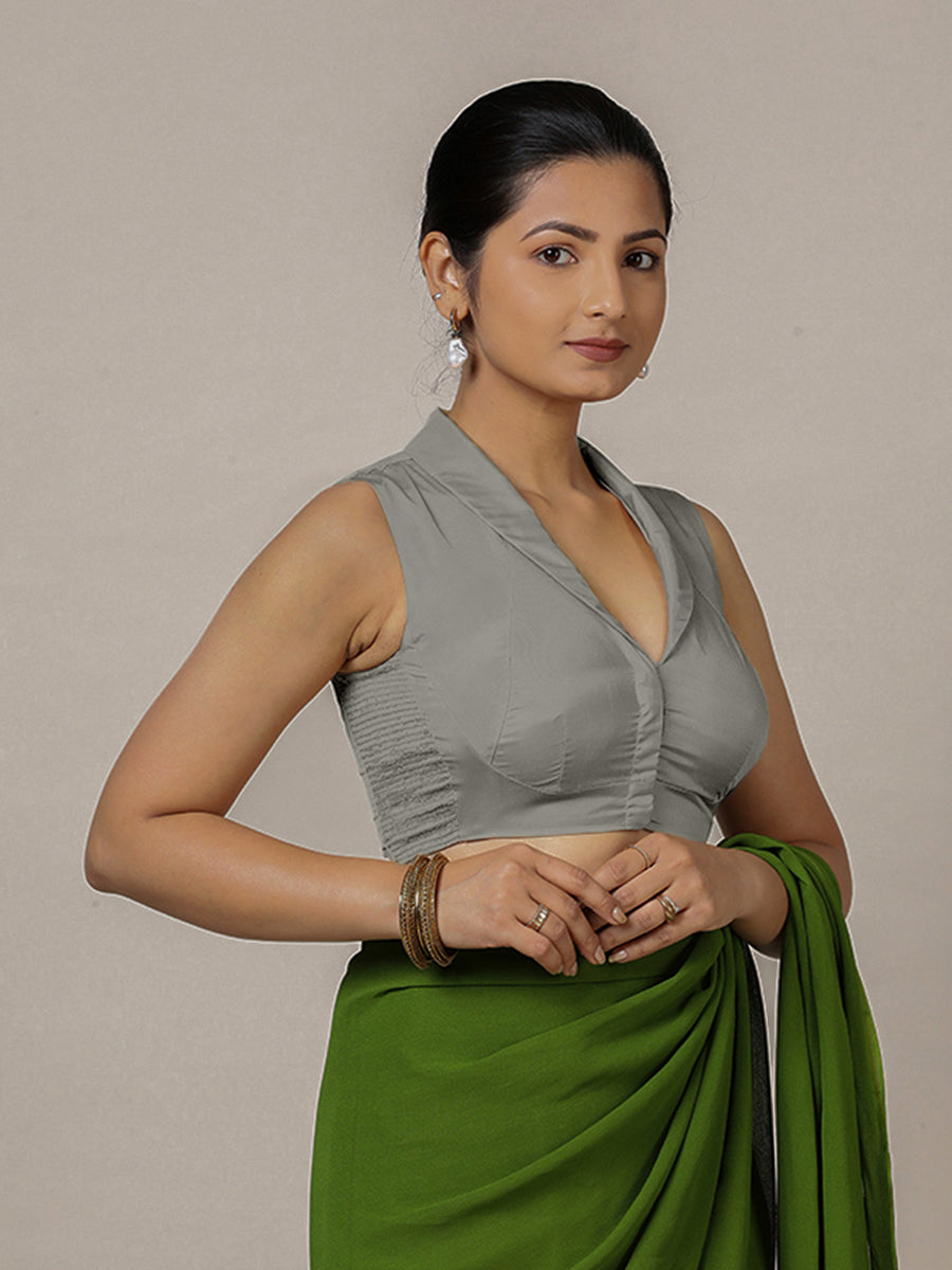 Avni x Rozaana Saree Blouse, in Grey Vegan Silk, featuring sleeveless and shawl neckline, made for party & festive (view 7).