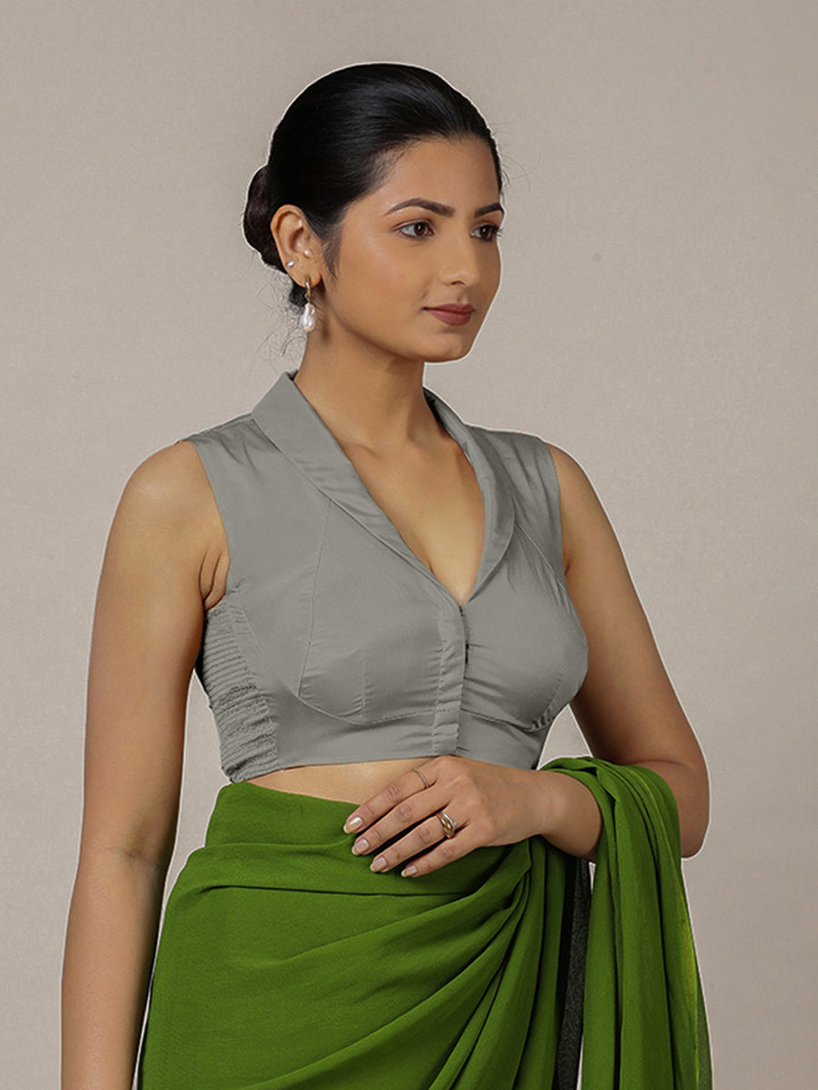 Avni x Rozaana Saree Blouse, in Grey Vegan Silk, featuring sleeveless and shawl neckline, made for party & festive (view 8).