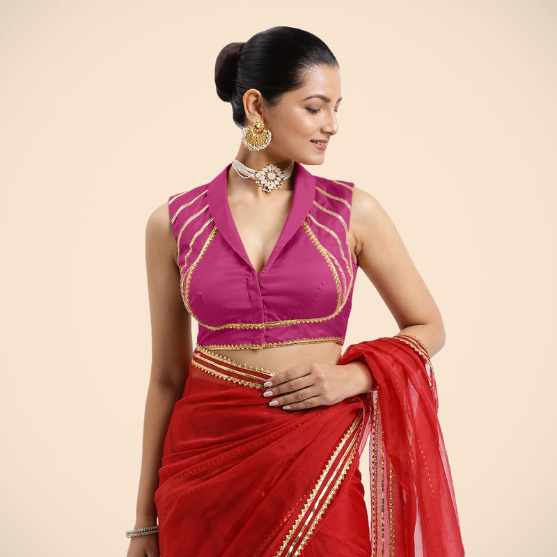 Avni x Tyohaar | Sleeveless Hot Pink FlexiFit™ Gota Embellished Saree Blouse with Shawl Neck-Binks