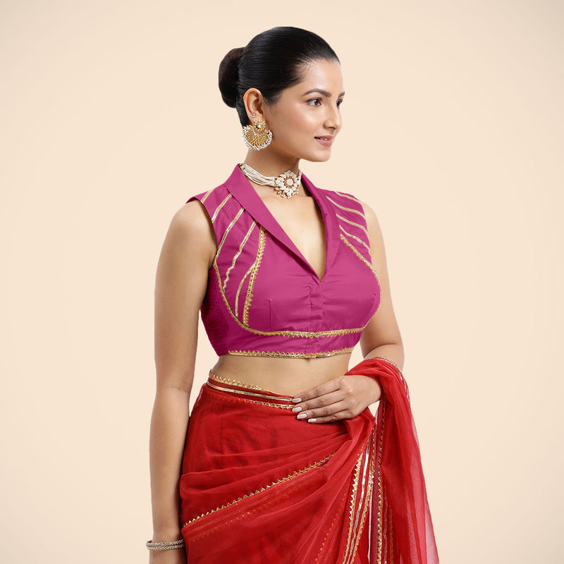 Avni x Tyohaar | Sleeveless Hot Pink FlexiFit™ Gota Embellished Saree Blouse with Shawl Neck-Binks