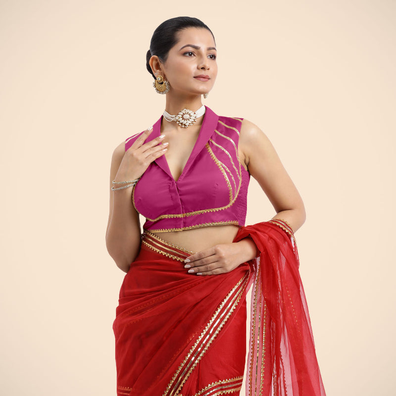 Avni x Tyohaar | Sleeveless Hot Pink FlexiFit™ Gota Embellished Saree Blouse with Shawl Neck-Binks