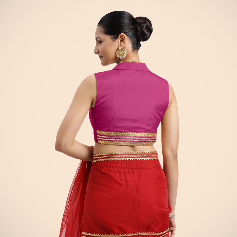 Avni x Tyohaar Saree Blouse, in Pink Artificial Silk, featuring sleeveless and shawl neckline, made for party & festive.