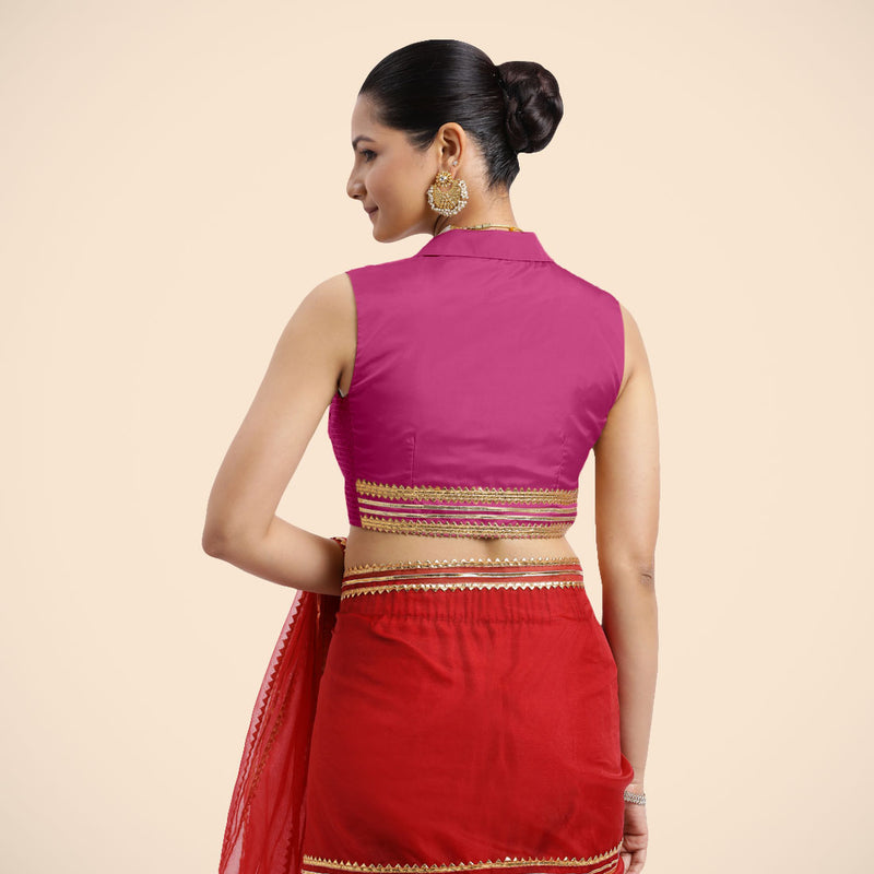 Avni x Tyohaar | Sleeveless Hot Pink FlexiFit™ Gota Embellished Saree Blouse with Shawl Neck-Binks