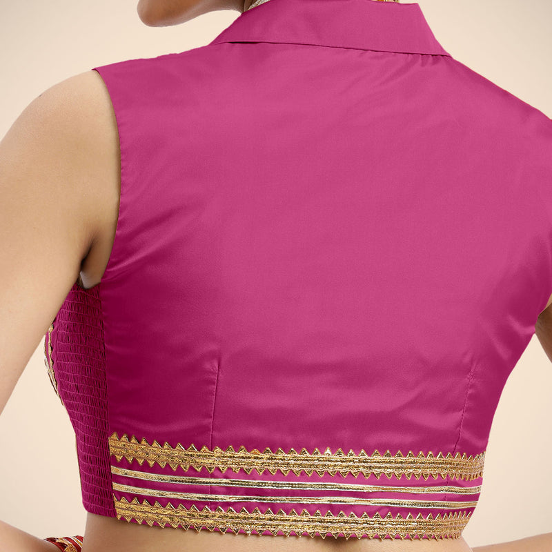 Avni x Tyohaar | Sleeveless Hot Pink FlexiFit™ Gota Embellished Saree Blouse with Shawl Neck-Binks