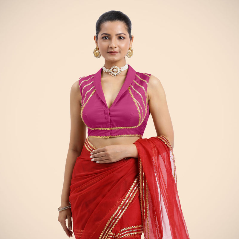 Avni x Tyohaar | Sleeveless Hot Pink FlexiFit™ Gota Embellished Saree Blouse with Shawl Neck-Binks