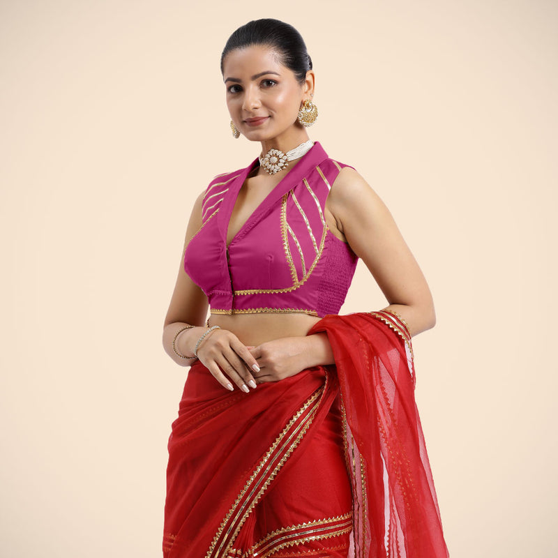 Avni x Tyohaar | Sleeveless Hot Pink FlexiFit™ Gota Embellished Saree Blouse with Shawl Neck-Binks