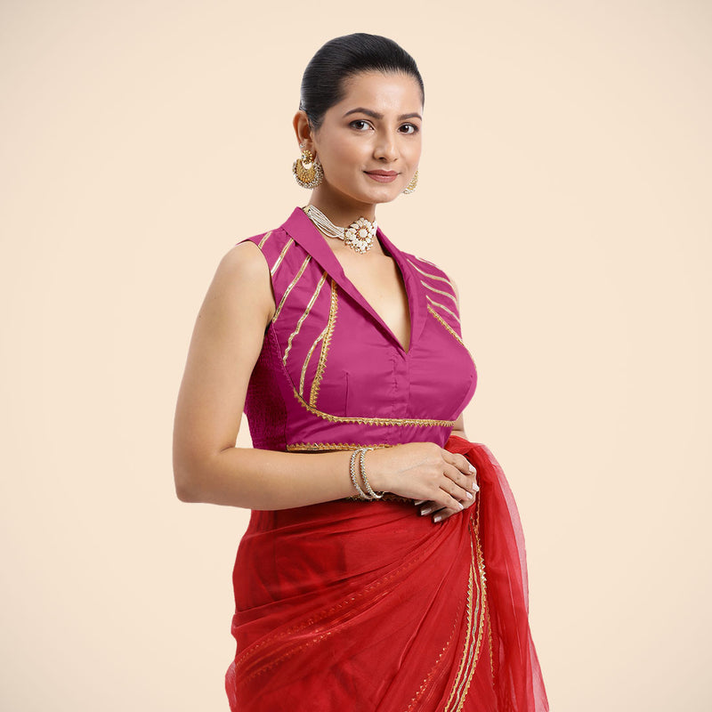Avni x Tyohaar | Sleeveless Hot Pink FlexiFit™ Gota Embellished Saree Blouse with Shawl Neck-Binks