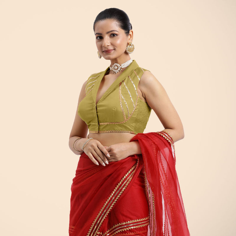 Avni x Tyohaar | Lemon Yellow Sleeveless FlexiFit™ Saree Blouse with Elegant Shawl Collar with Golden Gota Lace Embellishment-Binks