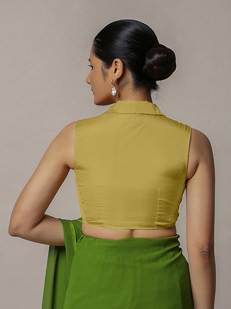 Avni x Rozaana Saree Blouse, in Yellow Vegan Silk, featuring sleeveless and shawl neckline, made for party & festive (view 2).